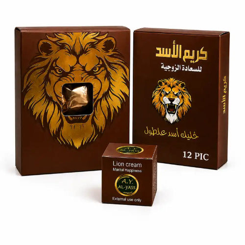 Brown packaging with lion design and text on a white background